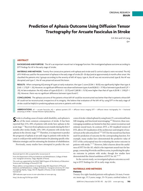 PDF Prediction Of Aphasia Outcome Using Diffusion Tensor Tractography