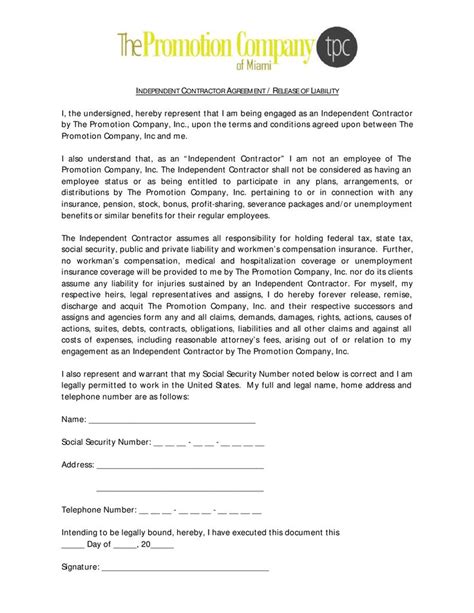 Protect Your Project Contractor Liability Release Form Template