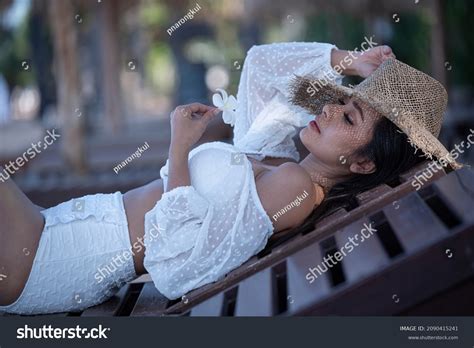 Sexy Woman White Bikini Lying On Stock Photo 2090415241 Shutterstock