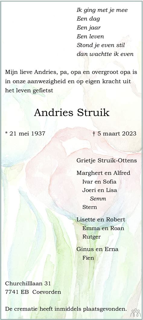 Andries Struik 05 03 2023 Overlijdensbericht En Condoleances