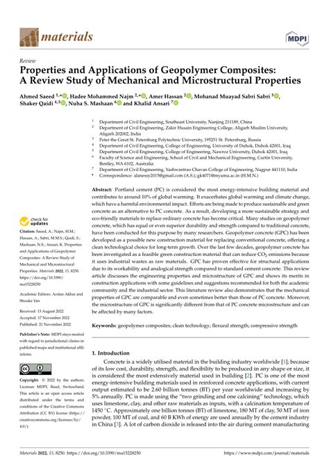 Pdf Properties And Applications Of Geopolymer Composites A Review