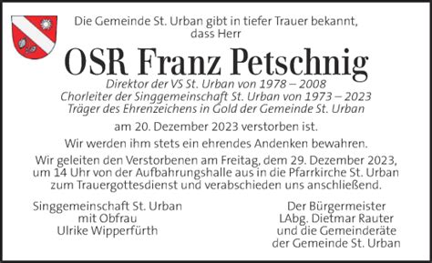 Traueranzeigen Von Franz Petschnig Trauer Kleinezeitung At