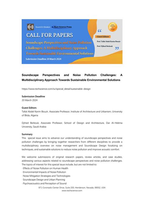 PDF Call For PaperSoundscape Perspectives And Noise Pollution