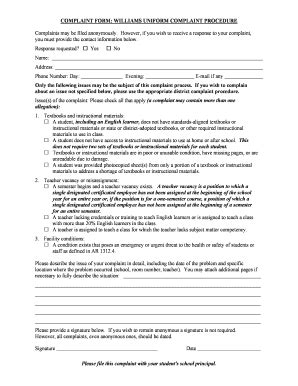 Fillable Online Complaint Form Williams Uniform Complaint Procedure