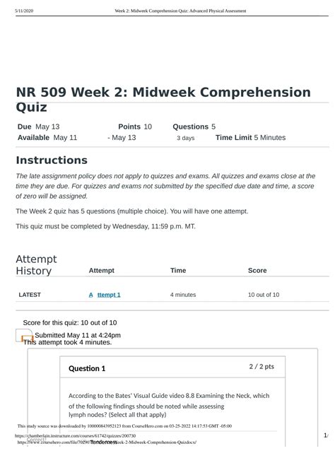 NR 509 Week 2 Midweek Comprehension QUIZ Questions And Answers Nr 509