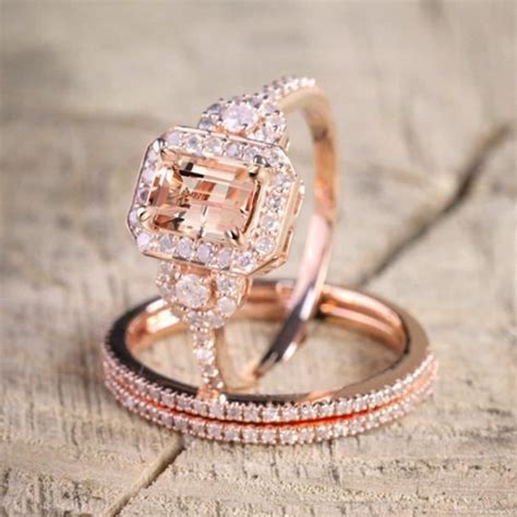 Ensemble Bague De Mariage En Plaqu Or Rose K Cz Blanc Bague De