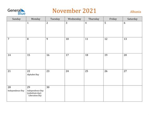 November 2021 Calendar With Albania Holidays