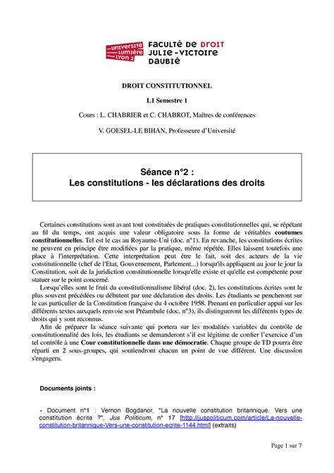 Fiche Td S Ance N Les Constitutions Les D Clarations Des