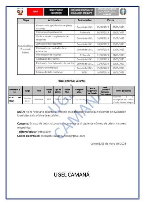 Proceso De Encargatura Segunda Etapa Promoci N Interna Ugel Caman