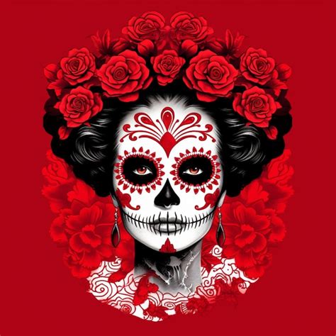 Una Mujer Con Una Calavera Y Flores En La Cabeza Lleva Un Sombrero Rojo