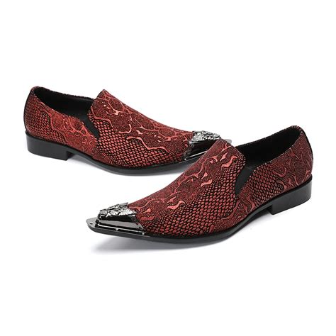 Designer Red Print Party Men Shoes Metal Pointed Toe Wedding Prom Dress Shoes Genuine Leather