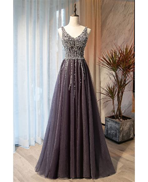 Slim Aline Long Tulle Vneck Prom Dress With Bling Sequins MX17118