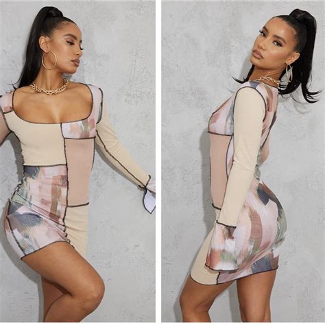 PLT Nude Printed Patchwork Detail Overlock Stitch Depop