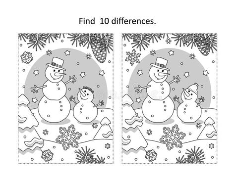 Two Snowmen Find The Differences Picture Puzzle And Coloring Page Stock