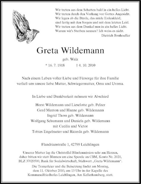 Alle Traueranzeigen F R Greta Wildemann Trauer Rp Online De