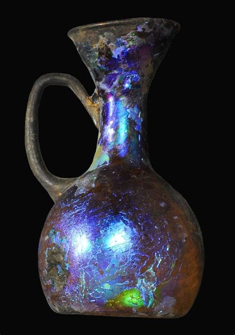 Wonderful Ancient Roman Glass Bottle Vessel With Iridescent Rainbow Patina Circa Early 2nd