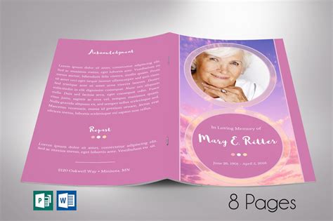 Pink Funeral Program Template For Word And Publisher 8 Pages Etsy