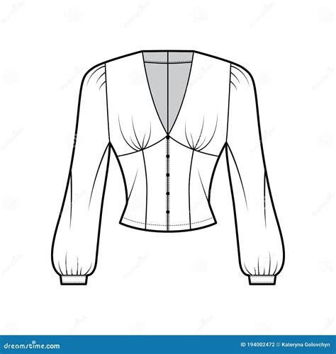 Blouse Technical Fashion Illustration With Curved Mandarin Collar Long