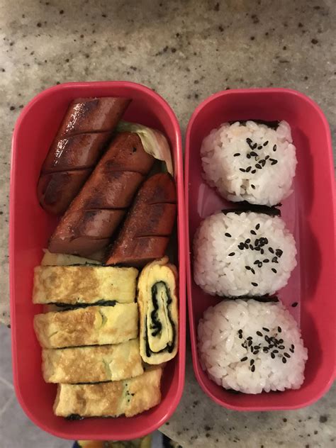 My First Bento Tuna Onigiri Eggs And Sausages Sausage Onigiri Food