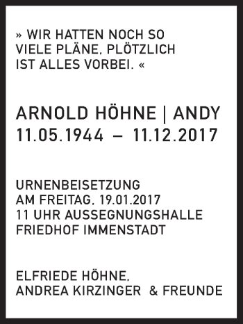 Traueranzeigen Von Arnold H Hne Sz Gedenken De