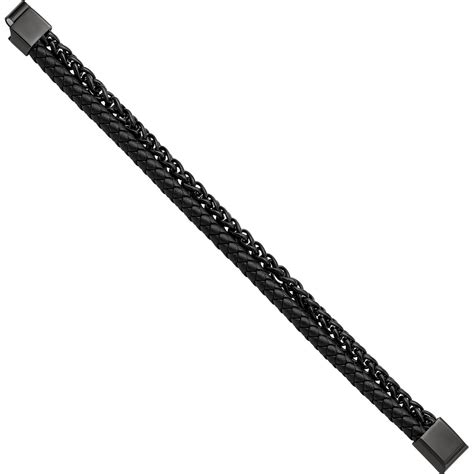 Chisel Stainless Steel Polished Black Ip Plated Chain Leather Bracelet