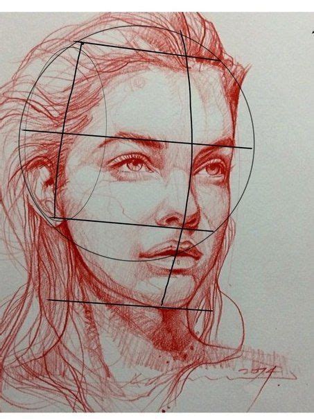 A Drawing Of A Woman S Face Is Shown In Red And Black Lines On White Paper