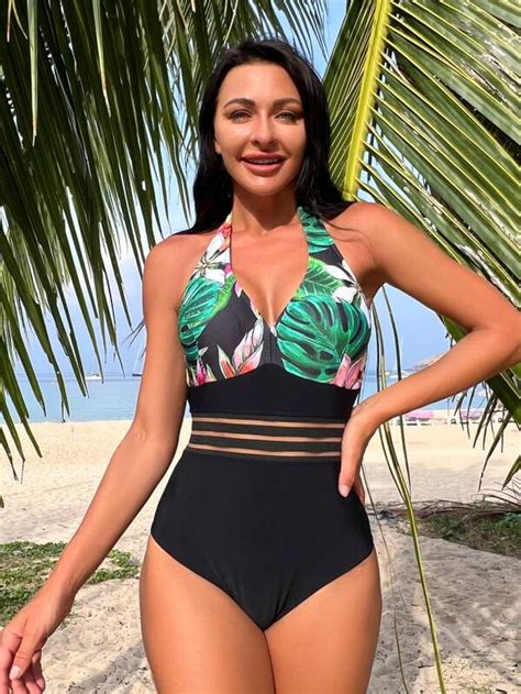 Maillot De Bain Une Pièce Imprimé Tropical Avec Tulle Ras Du Cou Mode