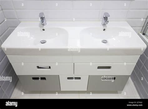 Double Washbasin With Two Taps In The Bathroom Stock Photo Alamy
