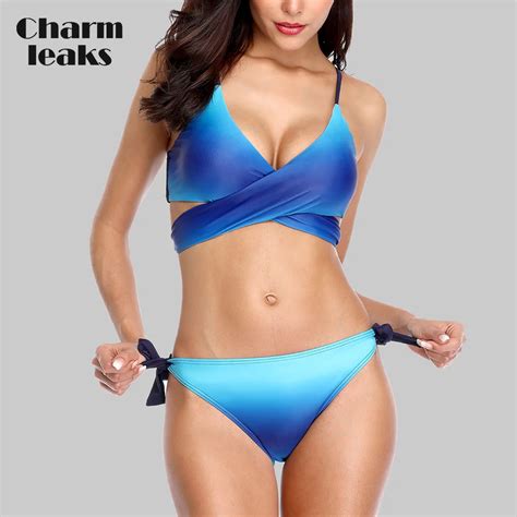 Charmleaks Women Bikini Set Swimwear Gradient Cross Swimsuit Tied