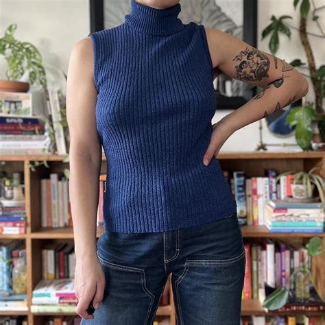 Blue Knit Sleeveless Turtleneck Shirt Well Loved Depop