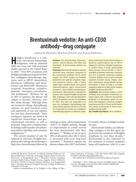 PDF Brentuximab Vedotin An Anti CD30 Antibody Drug Conjugate