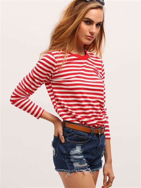 Red White Long Sleeve Striped T Shirt Sheinsheinside