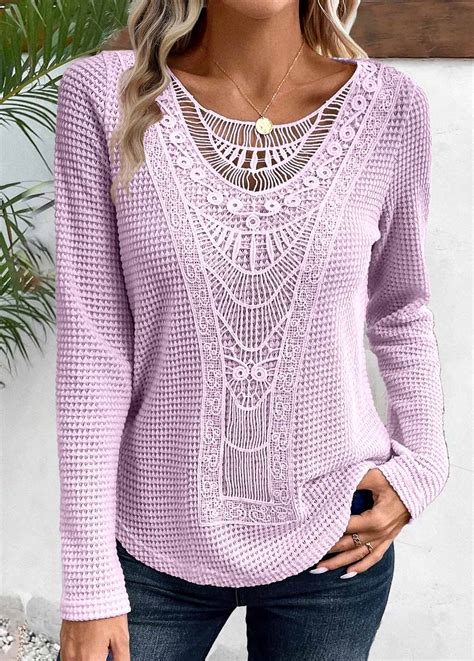 Rotita Lace Light Purple Round Neck Long Sleeve T Shirt Rotita