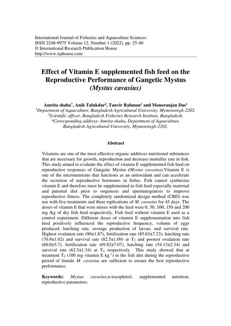 PDF Effect Of Vitamin E Supplemented Fish Feed On The Reproductive