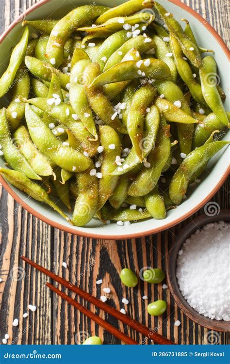 Spicy Grilled Edamame Soy Beans With Sea Salt Closeup On The Plate