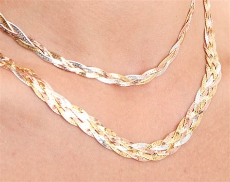 Tricolor Gold Braided Herringbone Chain Necklace 925 Sterling Silver