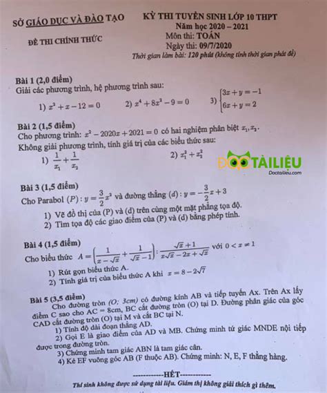 Đáp án đề Thi Tuyển Sinh Môn Toán Vào 10 Năm 2020 Bình Dương