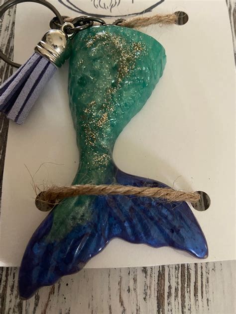 Glittery Mermaid Tail Resin Keychain Sparkling Aqua Hues Mixed With