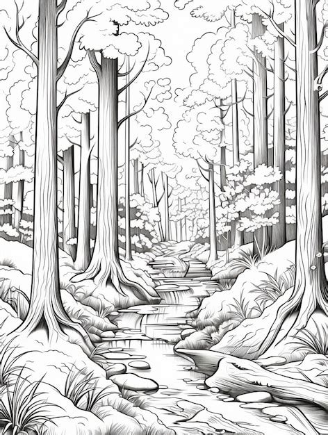 Un Dibujo En Blanco Y Negro De Un Arroyo En Un Bosque Generativo Ai