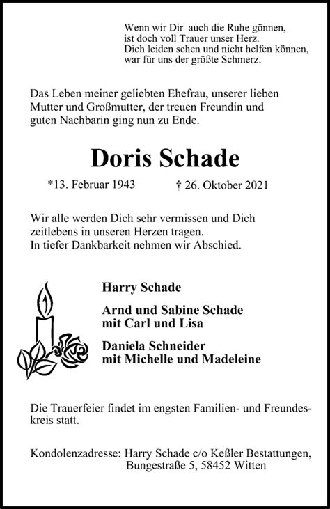 Traueranzeigen Von Doris Schade Trauer In Nrw De