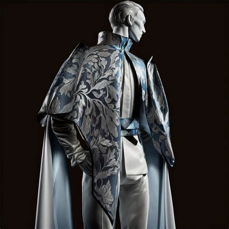 A Mannequin Dressed In Silver And Blue With An Elaborate Coat On It S Back