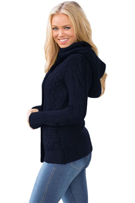 Navy Blue Long Sleeve Button Up Hooded Cardigans Hooded Knit Cardigan