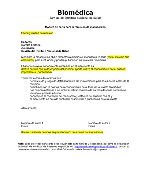 Modelo Carta De Remisi N De Manuscritos Oth Biom Dica Revista Del