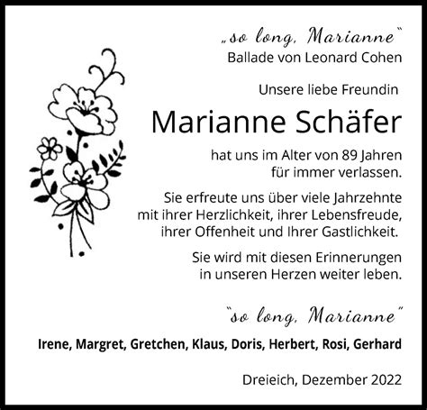 Traueranzeigen Von Marianne Sch Fer Trauer Op Online De