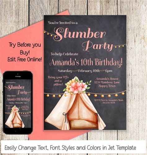 Pajama Party Birthday Slumber Party Invitation 5x7 Editable Online