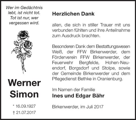 Traueranzeigen Von Werner Simon M Rkische Onlinezeitung Trauerportal