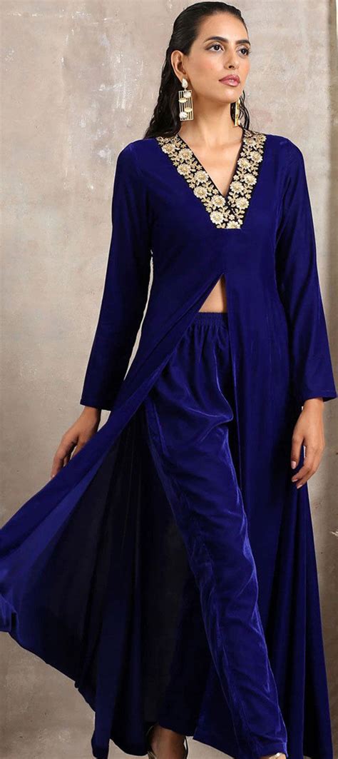 Party Wear Blue Color Velvet Fabric Kurti