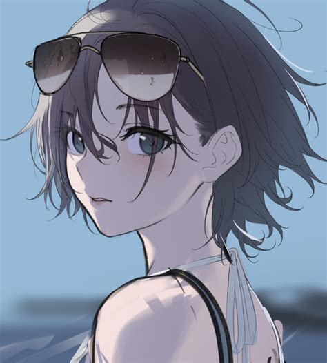 Safebooru 1girl Asakura Tooru Blue Hair Blurry Depth Of Field Expressionless Eyewear On Head