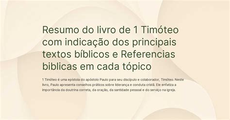 Resumo Do Livro De Timoteo Indicacao Dos Principais Textos