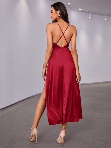 Double Crazy Criss Cross Backless Wrap Hem Satin Cami Prom Dress Shein Uk